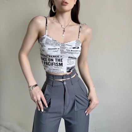 Newspaper Graphic Ribbed Vest Crop Top