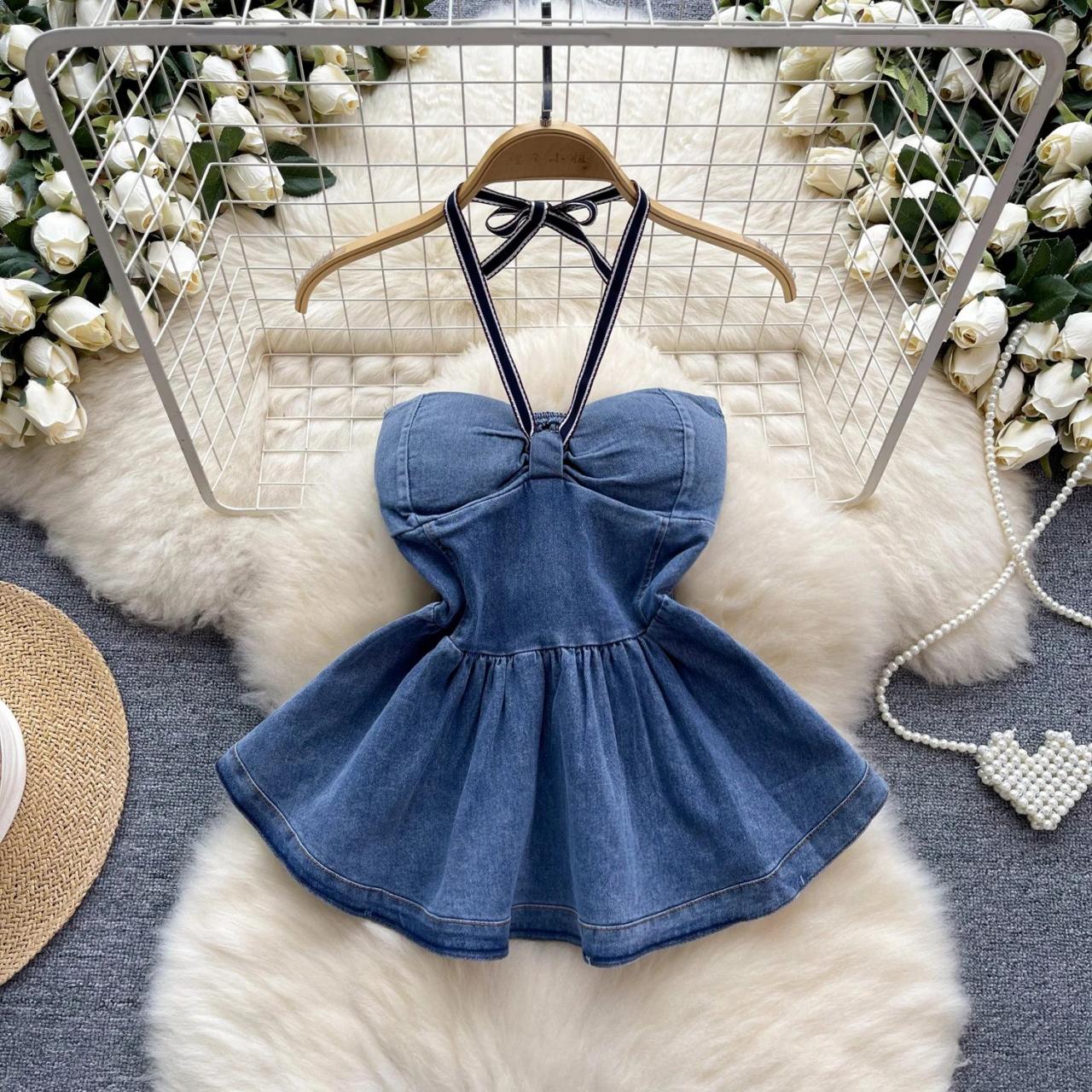 denim peplum dress Denim Effect Marcello Topstitched Peplum Top Blue / L