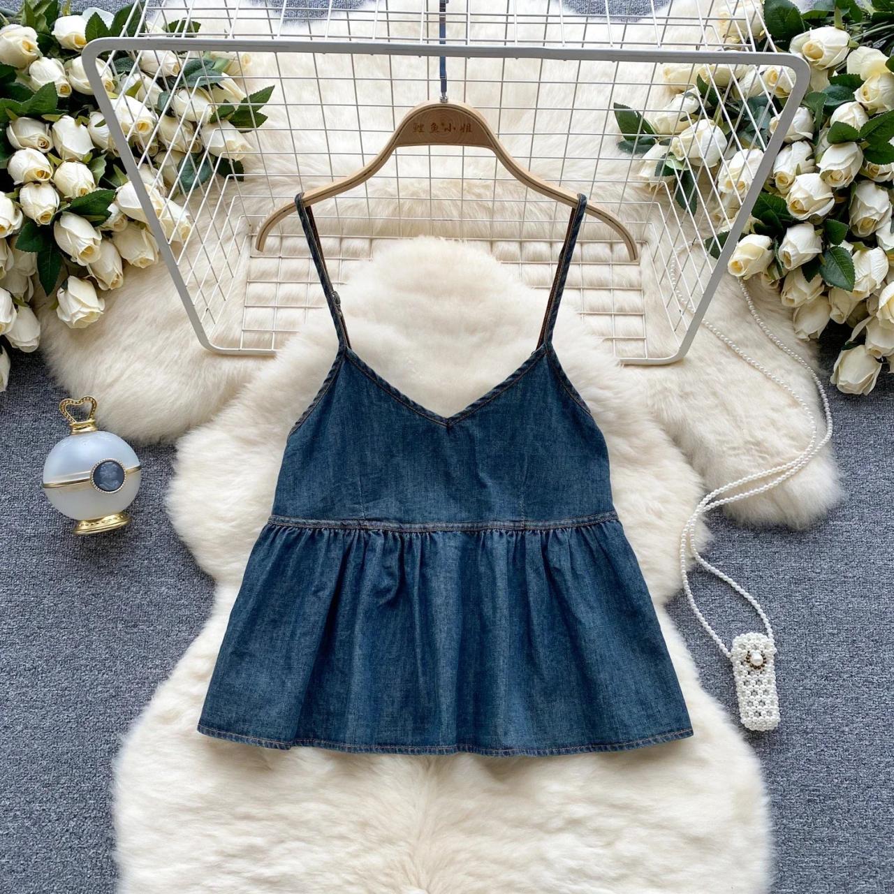 Denim Spaghetti Strap Peplum Top For Women on Luulla
