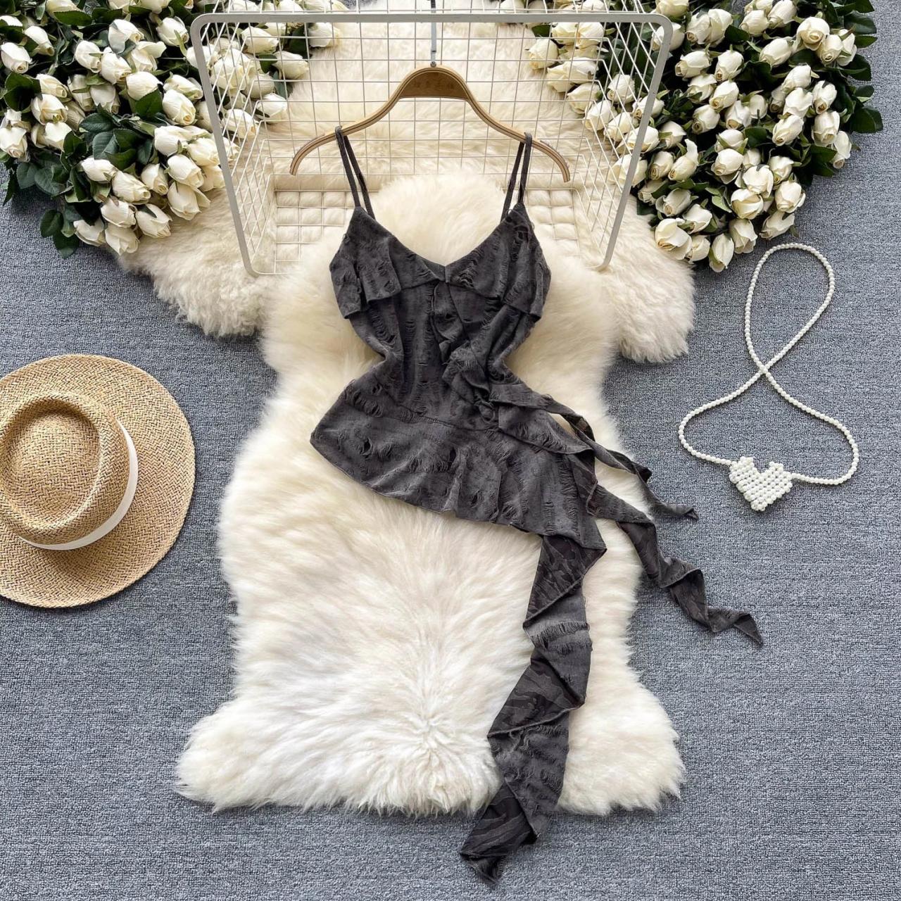 Elegant Black Ruffled Spaghetti Strap Mini Dress on Luulla