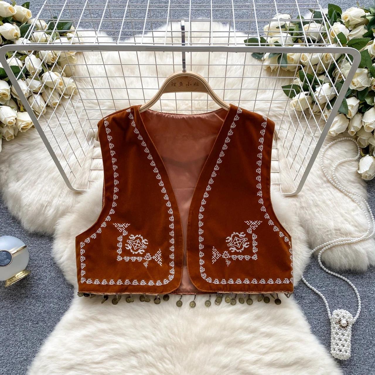 Embroidered Velvet Vest With Fringe Coin Details on Luulla