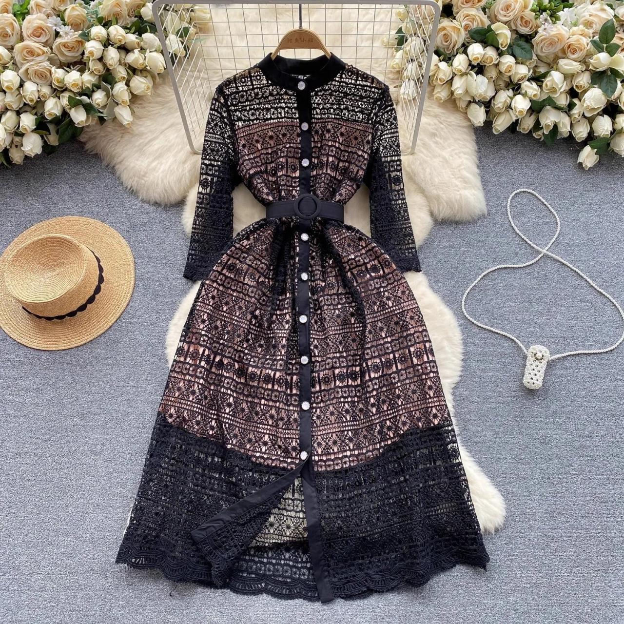 knee length dresses for ladies Unique Vintage 1920s Black Lace & Peach Lining Flutter Sleeve Flapper main image 1
