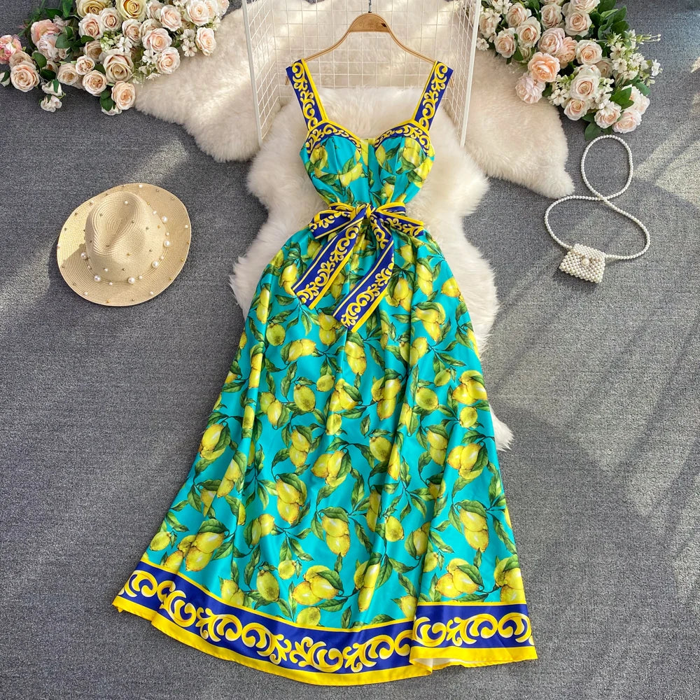 Lemon Print Summer Sundress With Bow Detail