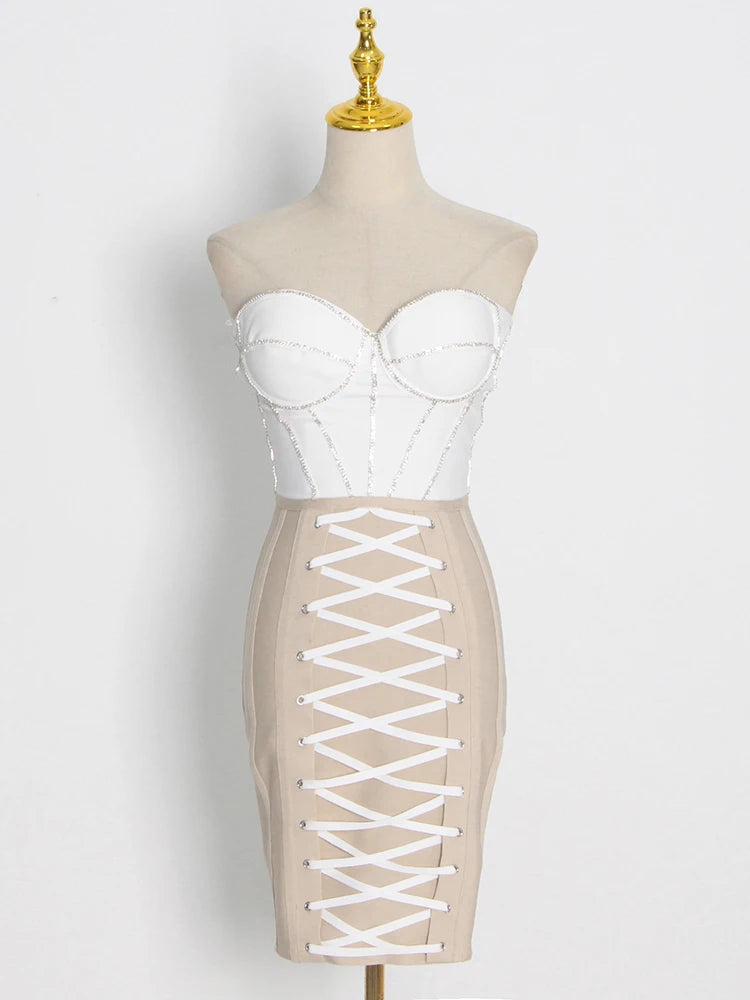 Elegant Strapless Patchwork Lace-up Bodycon Dress on Luulla