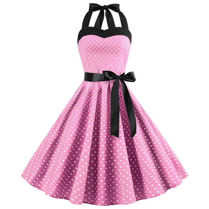 Vintage Pink Polka Dot Halter Swing Dress