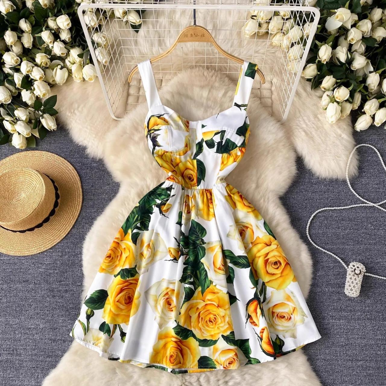 Floral Sundress With Yellow Rose Print Design on Luulla