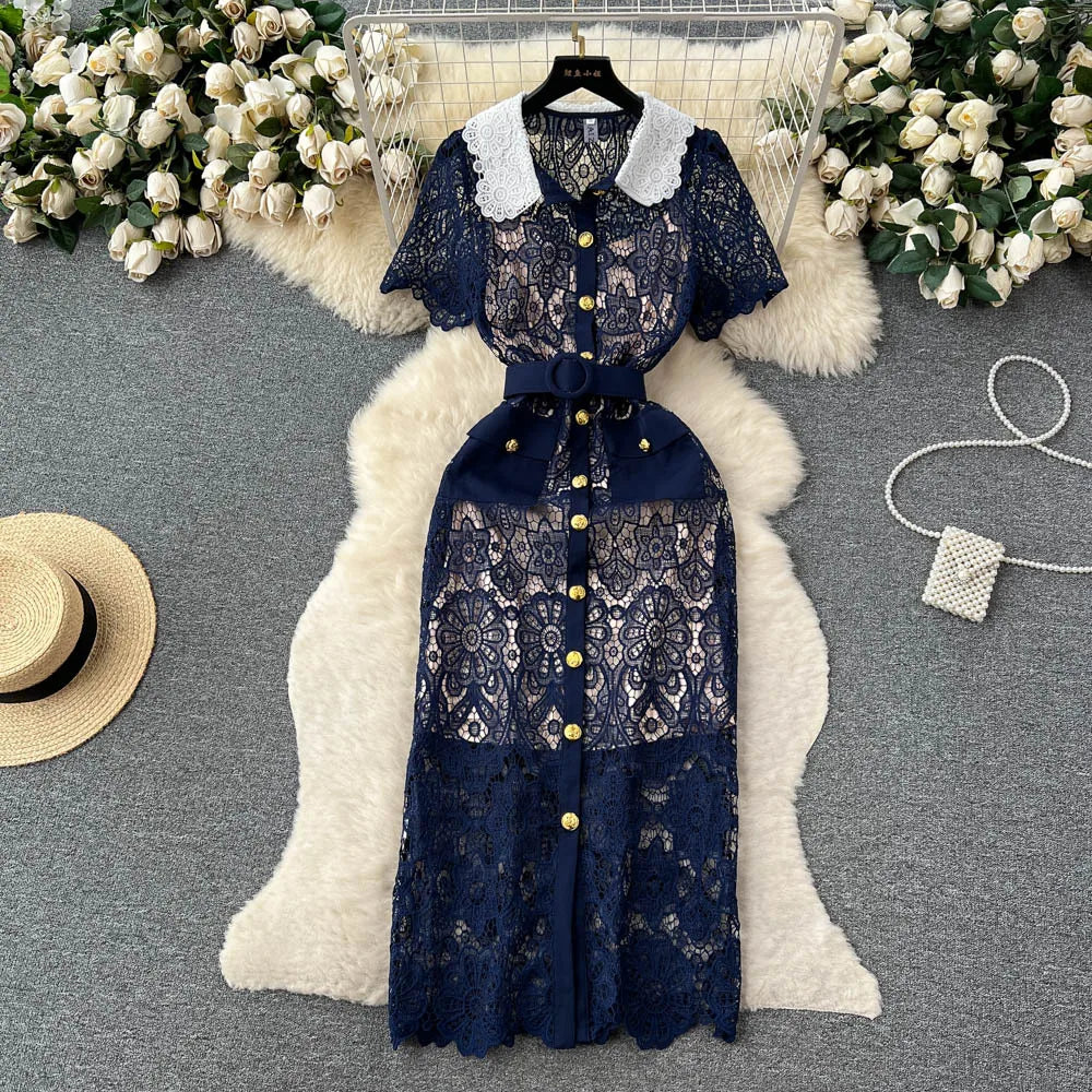 Elegant Navy Lace Dress With White Collar