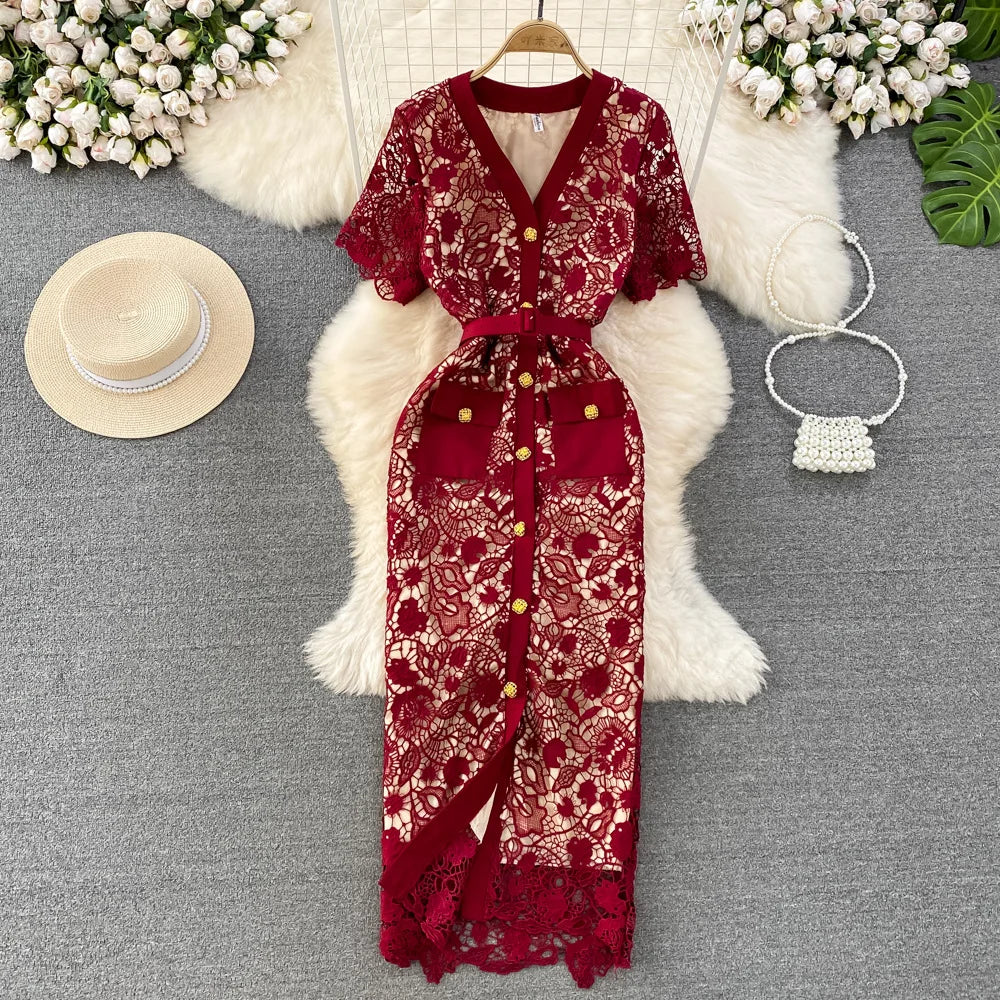 chinese dress ladies Burgundy Lace Maxi Dress With Crochet Top main image 0