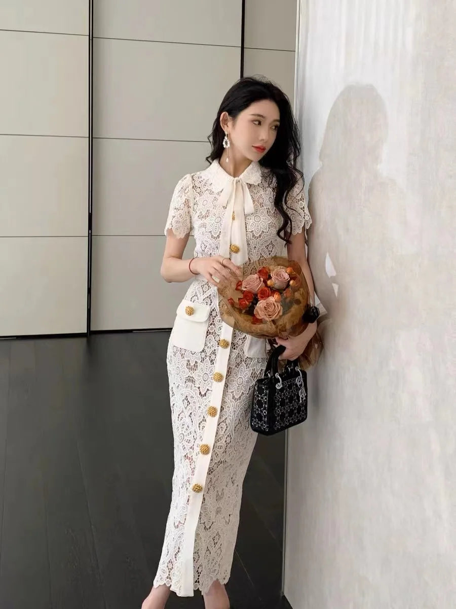 Elegant White Lace Midi Dress With Buttons