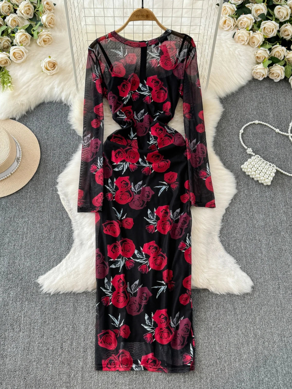 Elegant Floral Black Maxi Dress with Roses