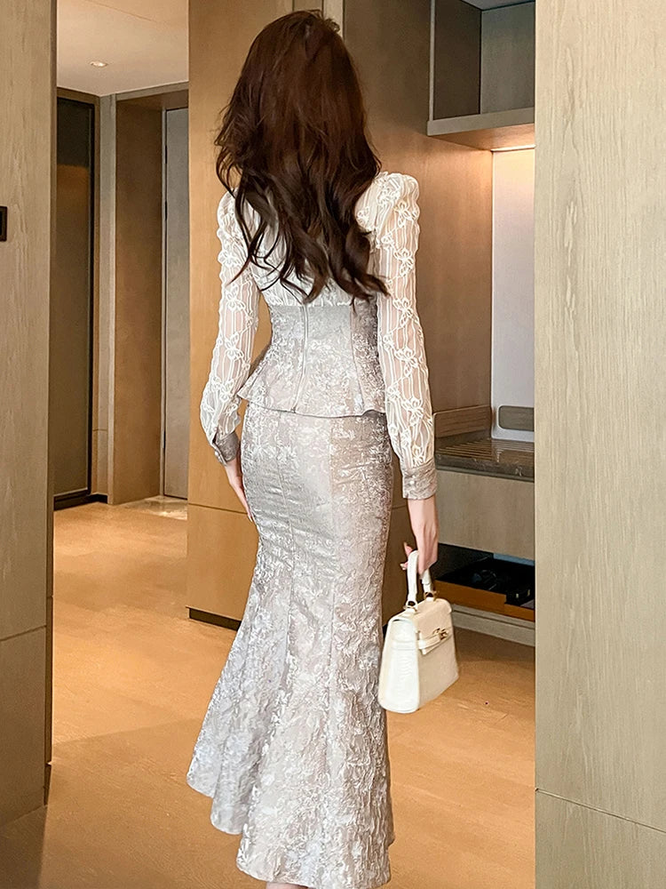 open lace back dress LOVAH Glitter Corset Peplum Mermaid Formal Gown Dress