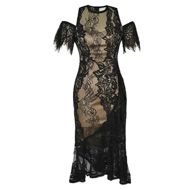 Elegant Black Lace Cold Shoulder Evening Dress on Luulla