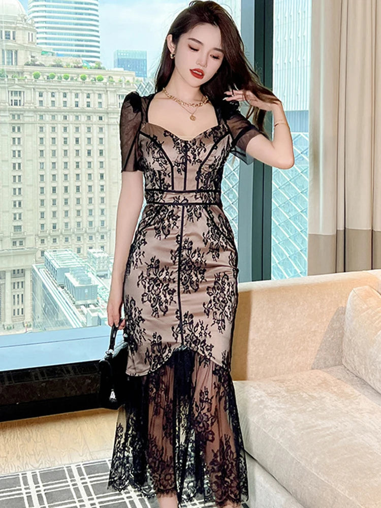 knee length dresses for ladies Charming Dark Green A-Line Mother of Bride Crew Cap Sleeves Long Lace –  misshow.com main image 0