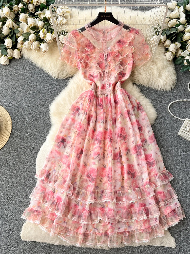 Elegant Floral Chiffon Ruffle Dress for Women
