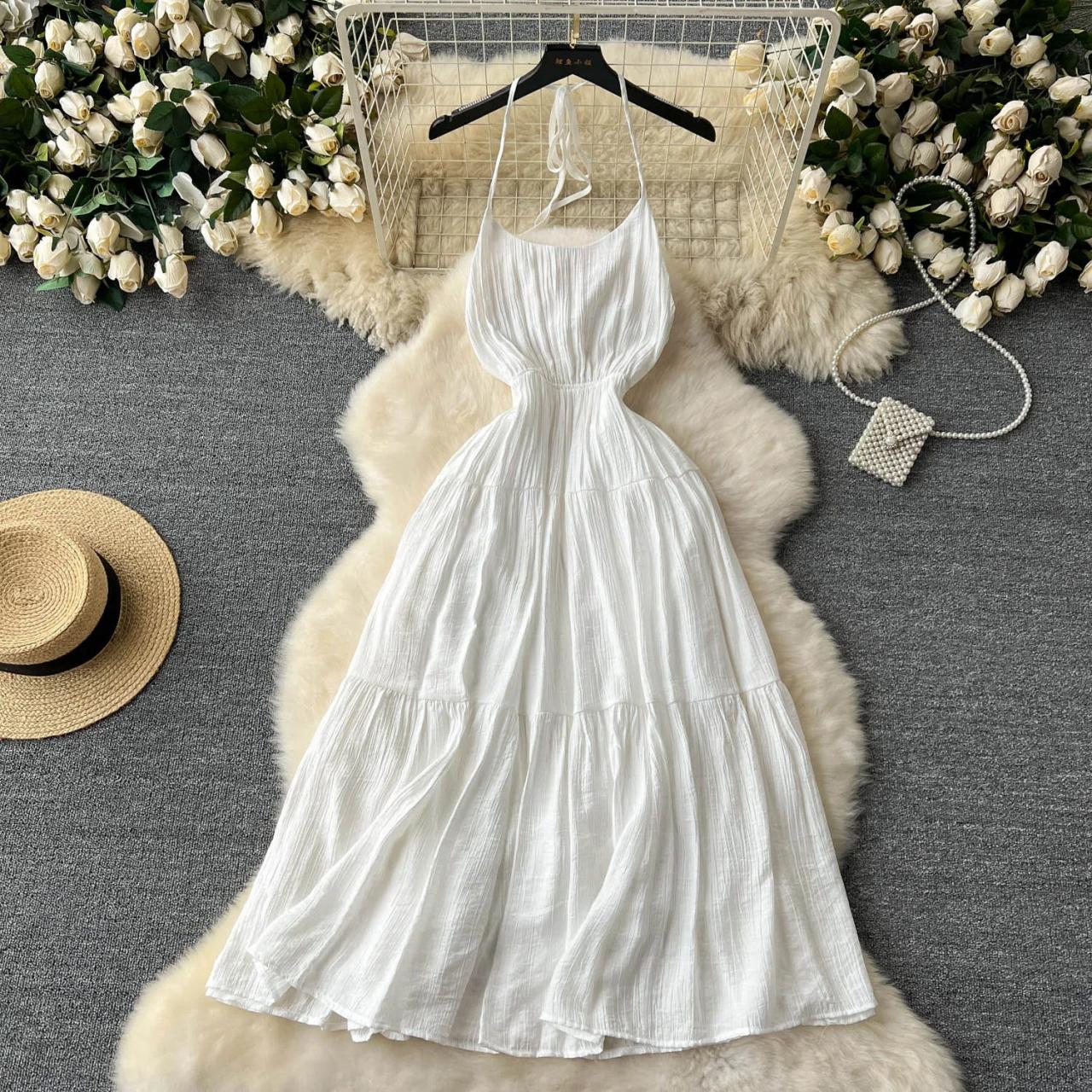chinese dress ladies Sndys Poplin Linen-Blend Halterneck Open Back Maxi Dress in White