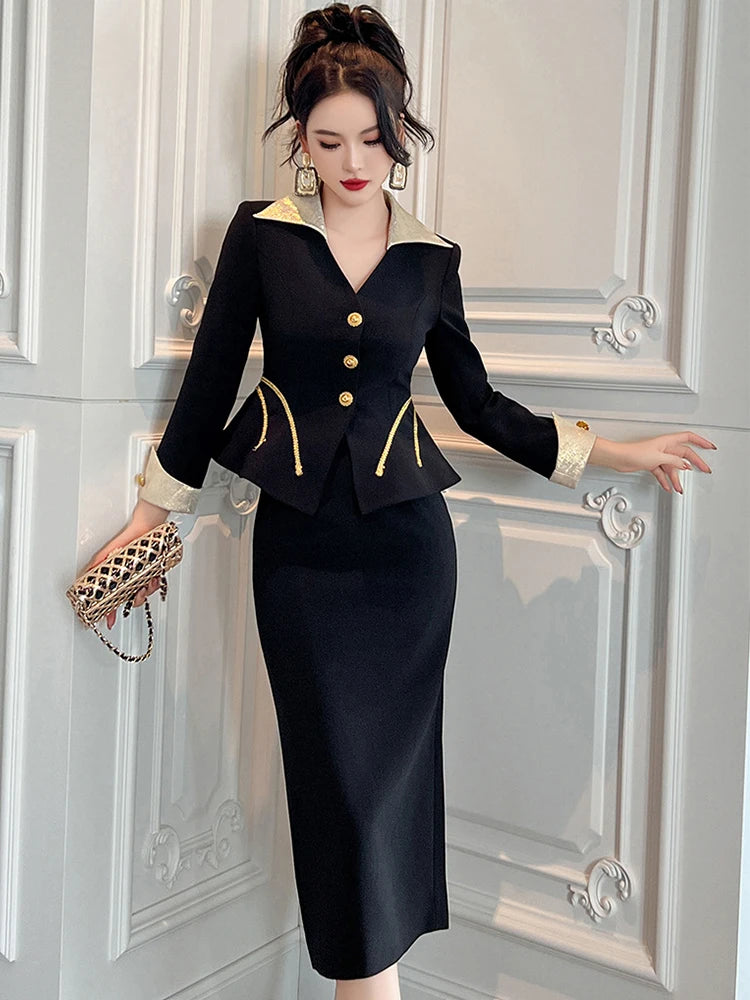 Elegant Black Tailored Blazer Skirt Set Women