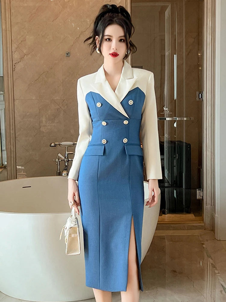 Elegant Two tone Double Breasted Midi Dress