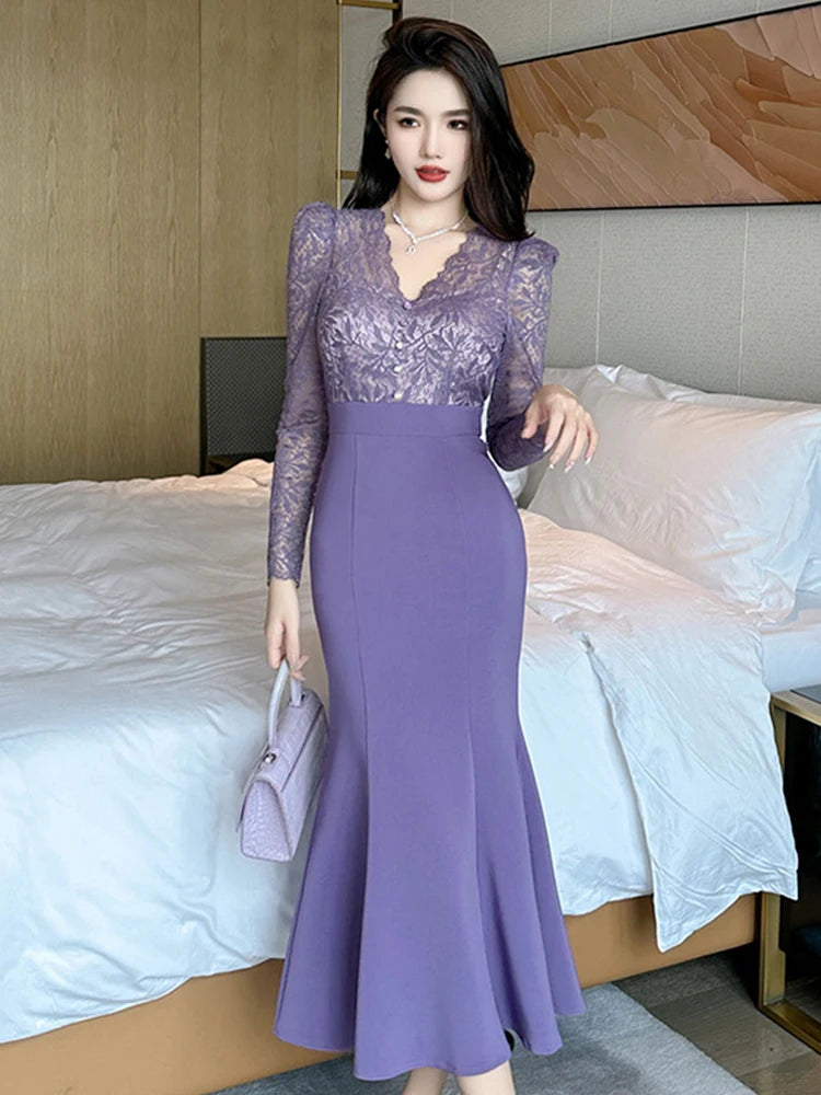 chinese dress ladies Mermaid Scoop Neck Lilac Sequin Lace Long Prom Dresses MD103105 – Dressmeet main image 1