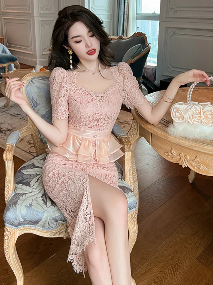 Elegant Pink Lace Dress With Peplum Detail on Luulla