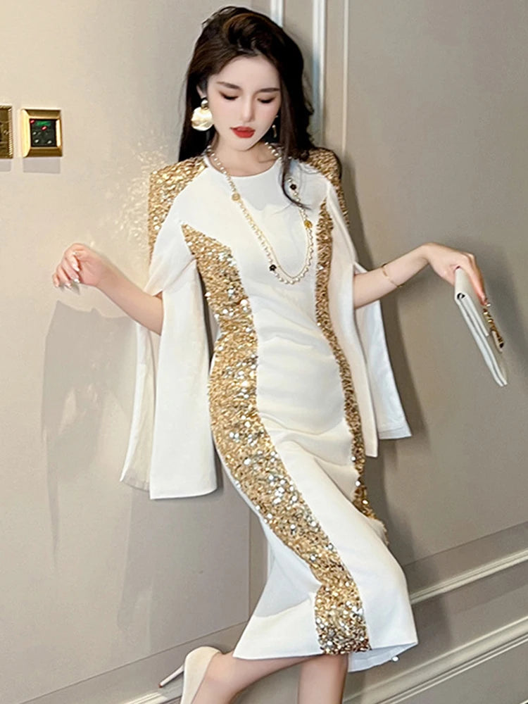 Elegant White Dress With Gold Sequin Accents on Luulla