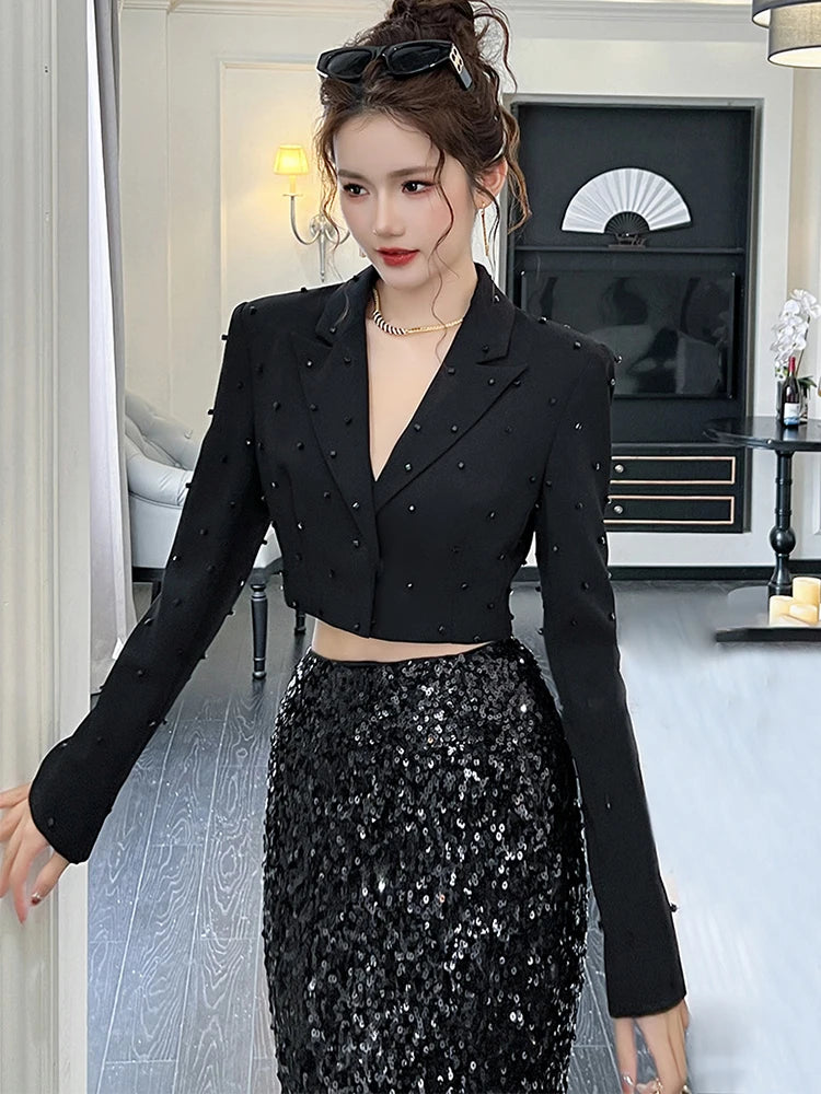 Elegant Black Cropped Blazer With Sequin Skirt on Luulla