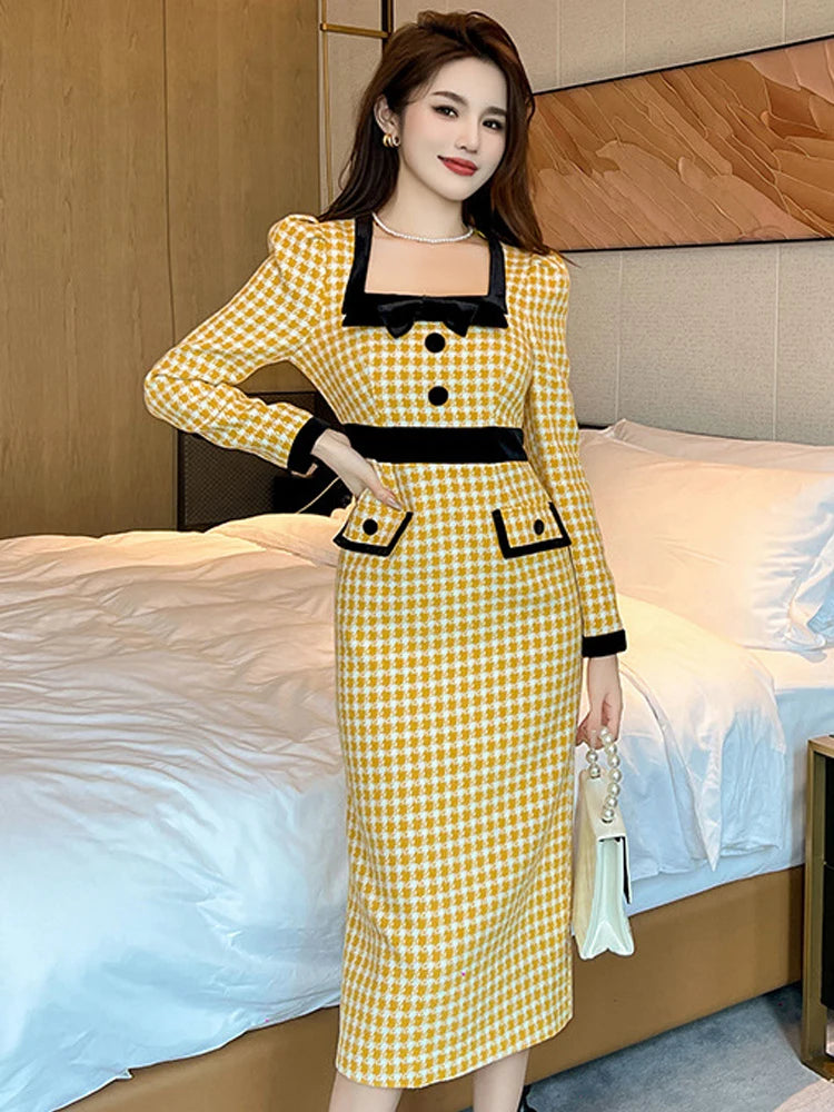 slim fit dress slacks Retro Stage 1950s Black White Houndstooth Top Pleated Hem Midi Dress main image 0