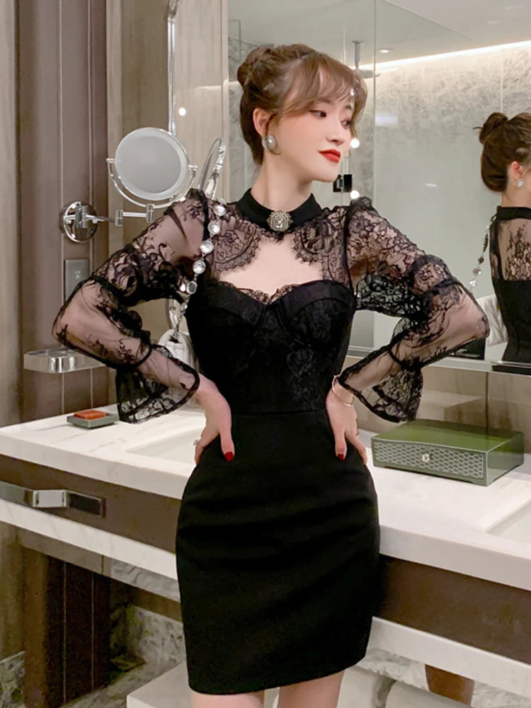 Elegant Black Lace Sheer Long Sleeve Dress