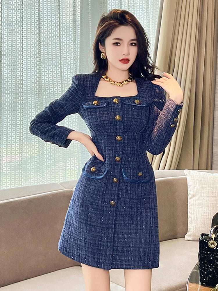 Elegant Navy Blue Button-up Dress For Women