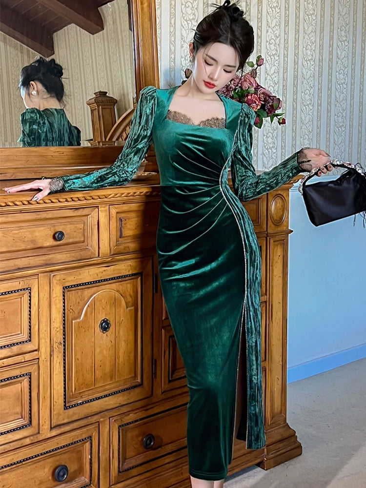 slim fit dress slacks Tina Holly Couture TA807 Emerald Green Velvet Long Sleeve Formal Dress main image 1