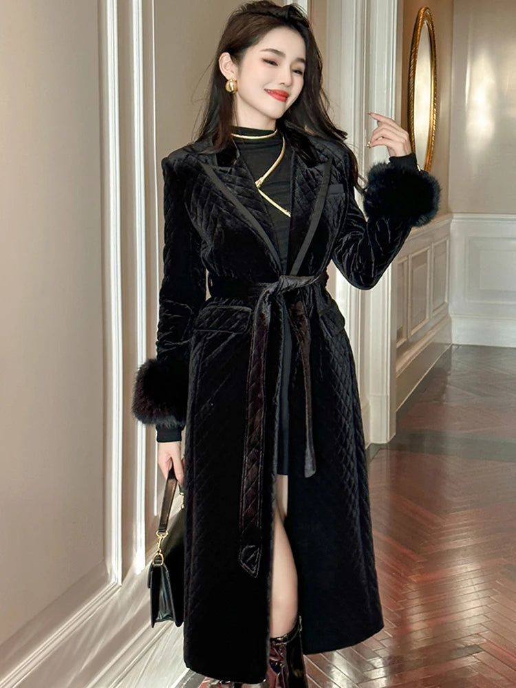 Elegant Black Velvet Long Winter Coat on Luulla