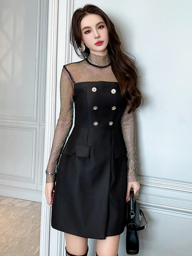 knee length dresses for ladies Charvi Long Sleeve Mini Dress | Black | Womens main image 0