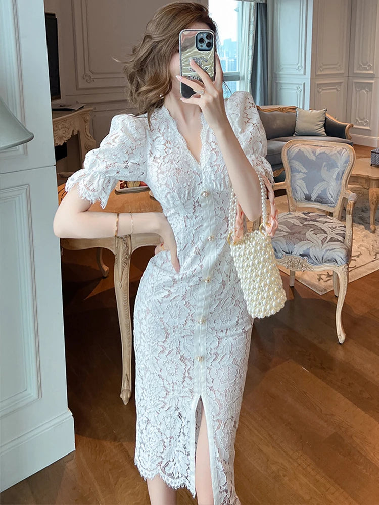 Elegant White Lace Button-down Midi Dress on Luulla