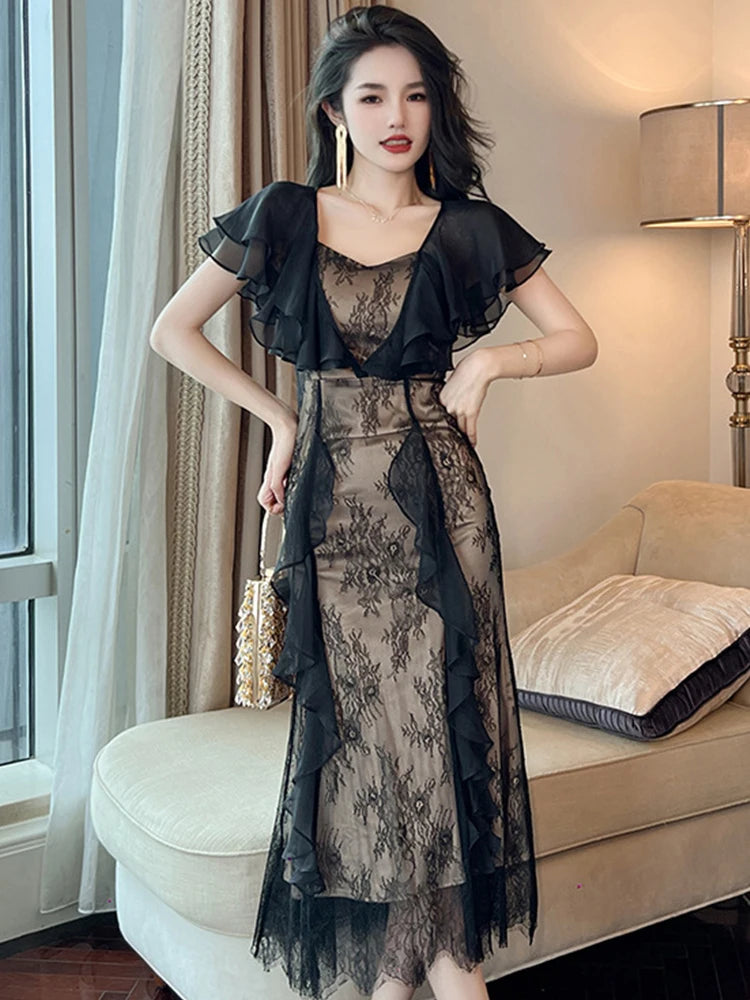 Elegant Black Lace Midi Dress With Ruffles on Luulla