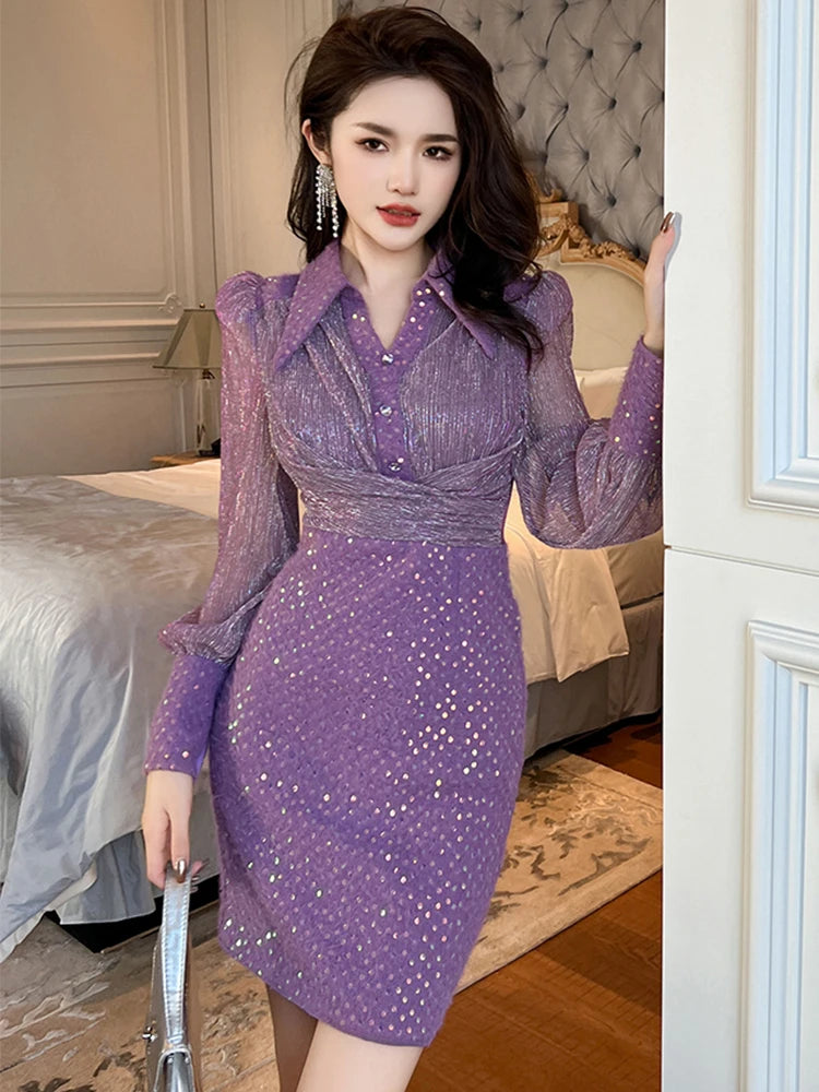 Elegant Shimmering Purple Long Sleeve Party Dress