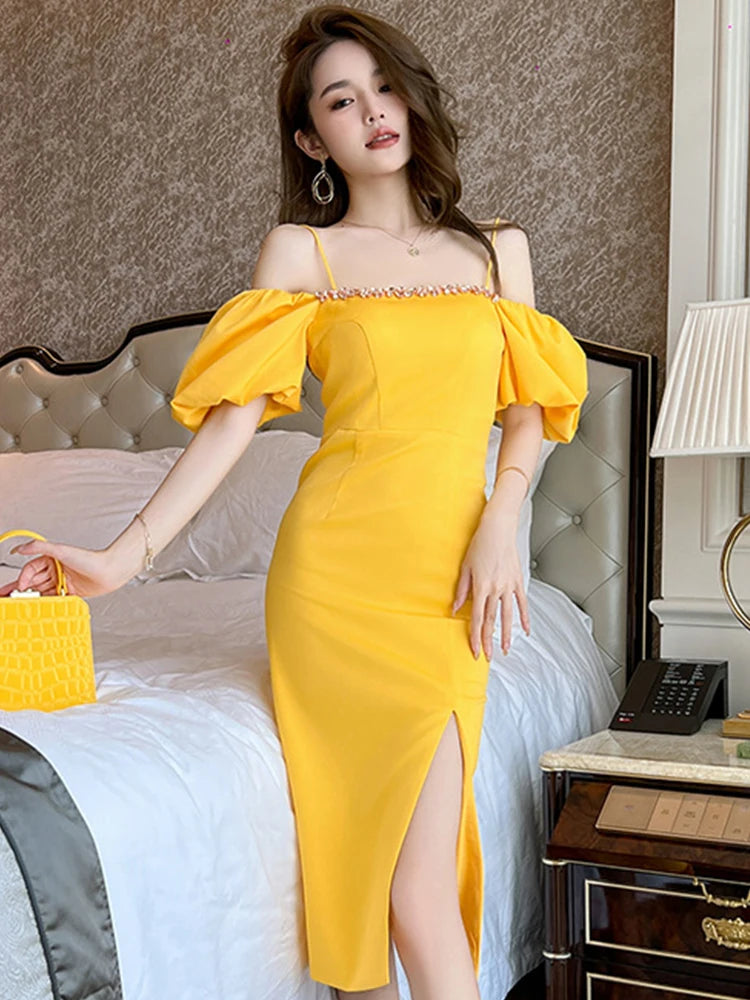 Yellow off the shoulder midi dress 2025