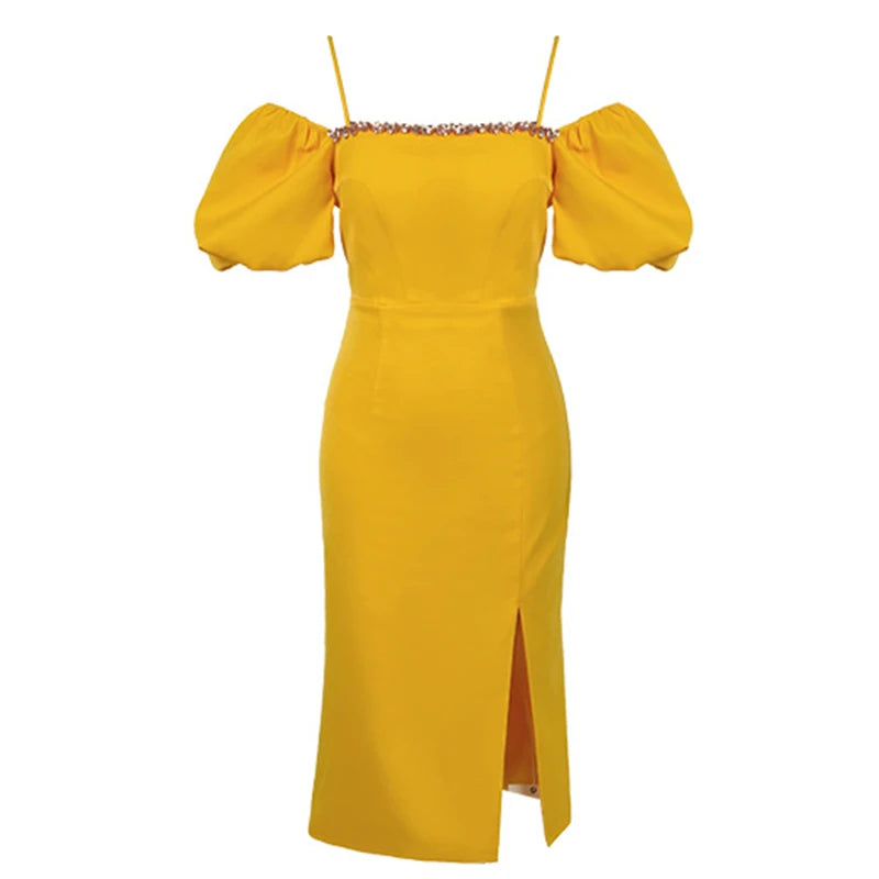 Elegant Yellow Off-shoulder Midi Dress With Slit on Luulla