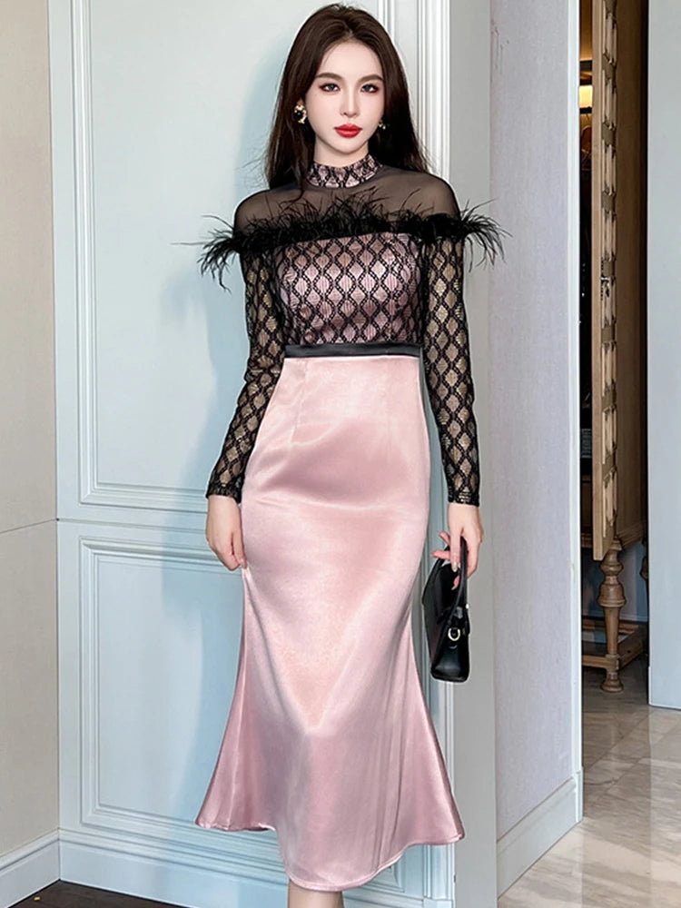 sexy dresses lace Sexy Long Transparent Lace Dress / Romantic Black Dresses With Lace Chocker