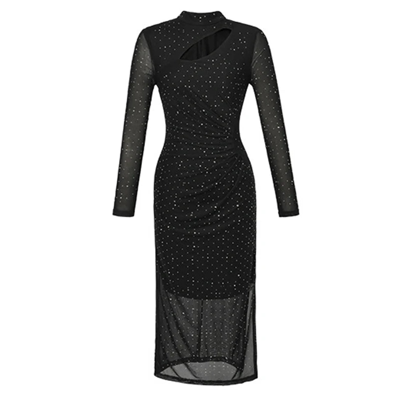 knee length dresses for ladies PANDORA OFF SHOULDER OVERLAY DETAIL RUCHED MESH BODYCON MIDI DRESS main image 0