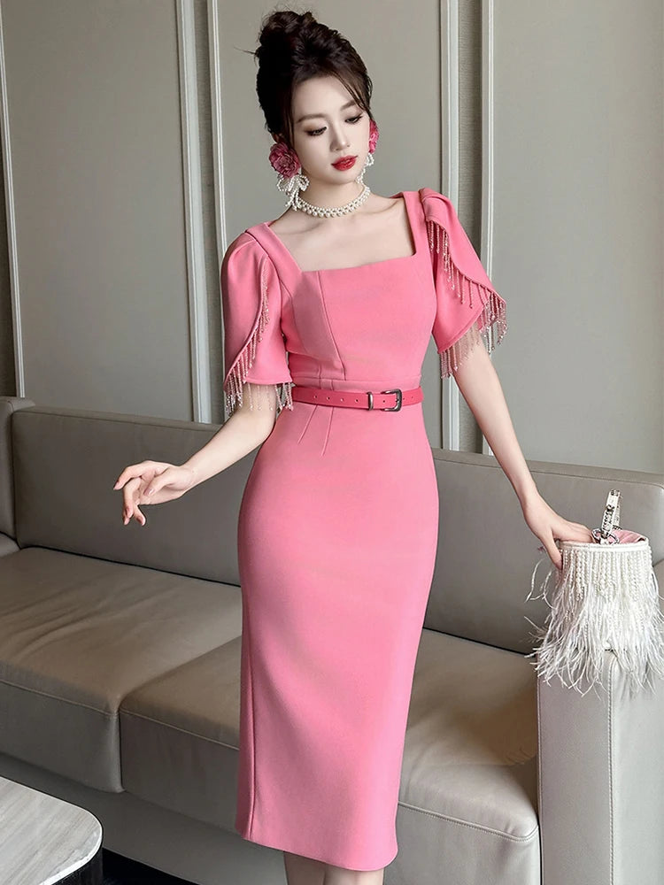 Elegant Pink Midi Dress with Belt Accents