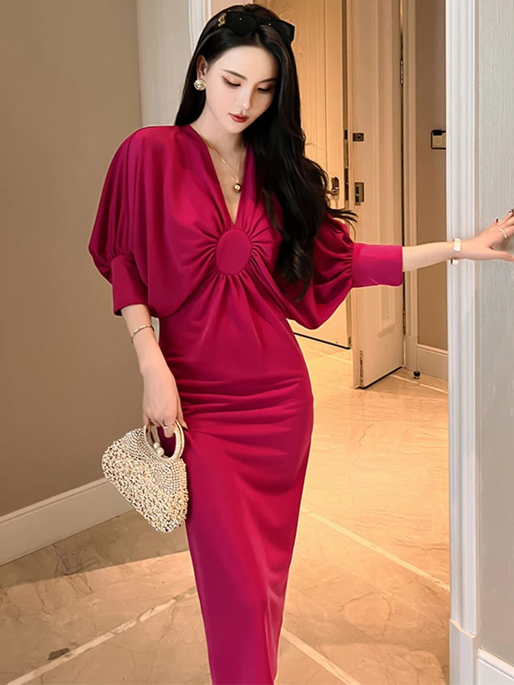 Elegant Fuchsia Batwing Sleeve Ruched Midi Dress