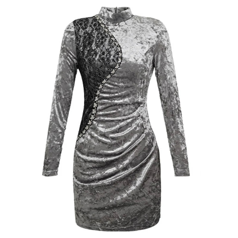 silver velvet dress long sleeve R.Vivimos Women's Fall Winter Crushed Velvet Dress Long Sleeve Crew Neck  Elastic Smocked A-Line Tiered Ruffle Mini Dress