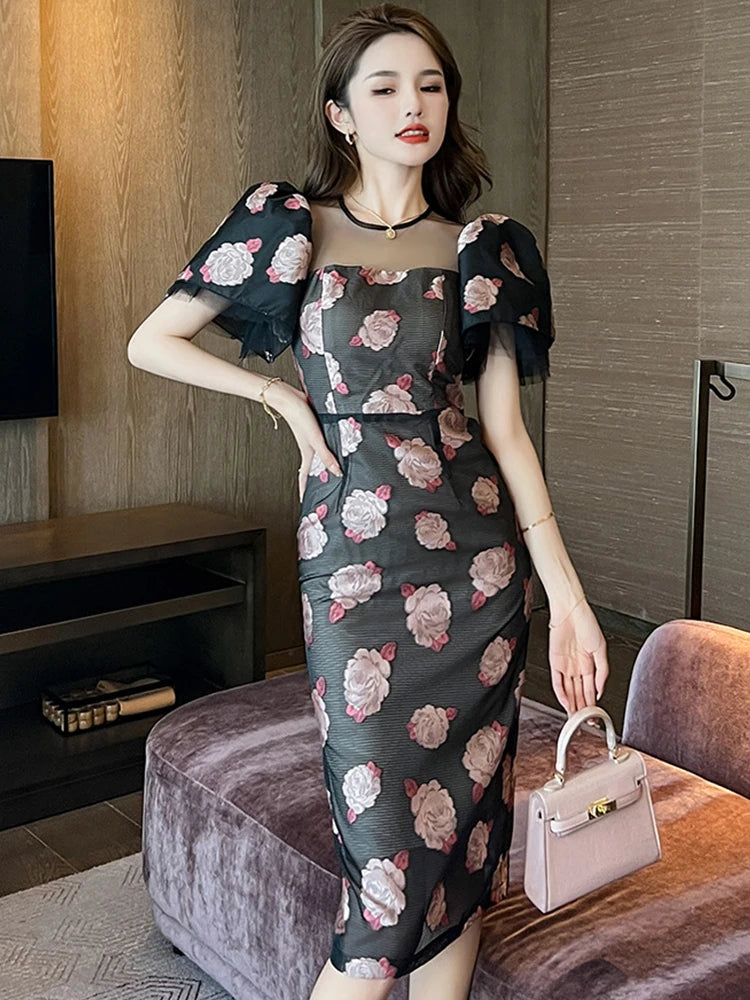 Floral mesh sleeve dress cheap
