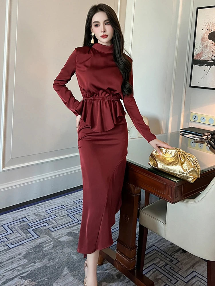 Elegant Burgundy Long Sleeve Midi Peplum Dress on Luulla