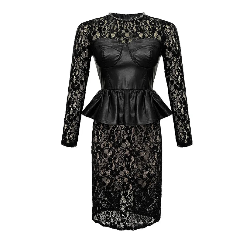 Elegant Lace And Leather Midi Peplum Dress on Luulla