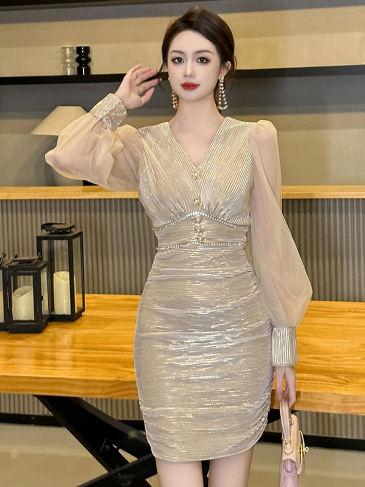 Elegant Metallic Sheath Dress With Sheer Sleeves on Luulla