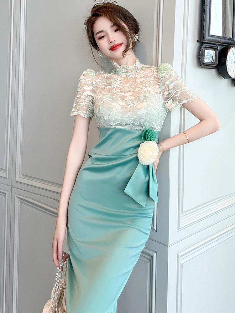 Elegant Green Lace Dress With Floral Decoration on Luulla