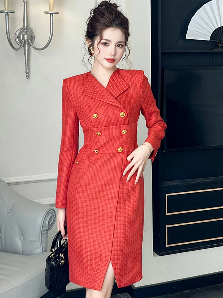 fitted lace wedding dress Louis Féraud 1990s Red Wool Crepe Double-Breasted Coat Dress – Featherstone  Vintage