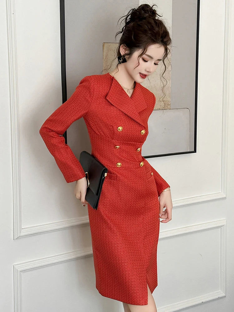 open lace back dress Women's Red Long Coat Formal Dress, Elegant Double Breasted Coat for Office and Events 30