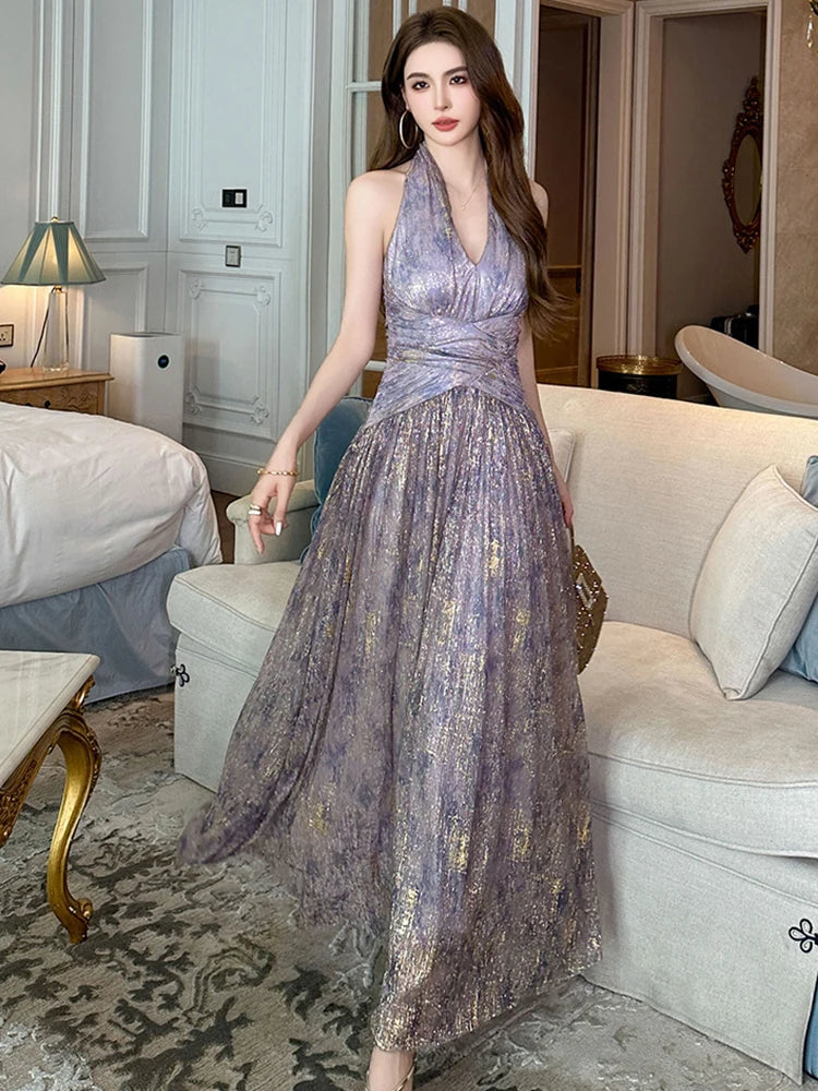 Elegant Halter Neck Purple Evening Party Dress