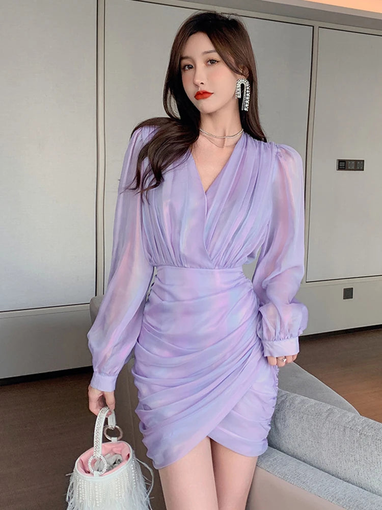 Elegant Lavender Ruched Long Sleeve Mini Dress on Luulla
